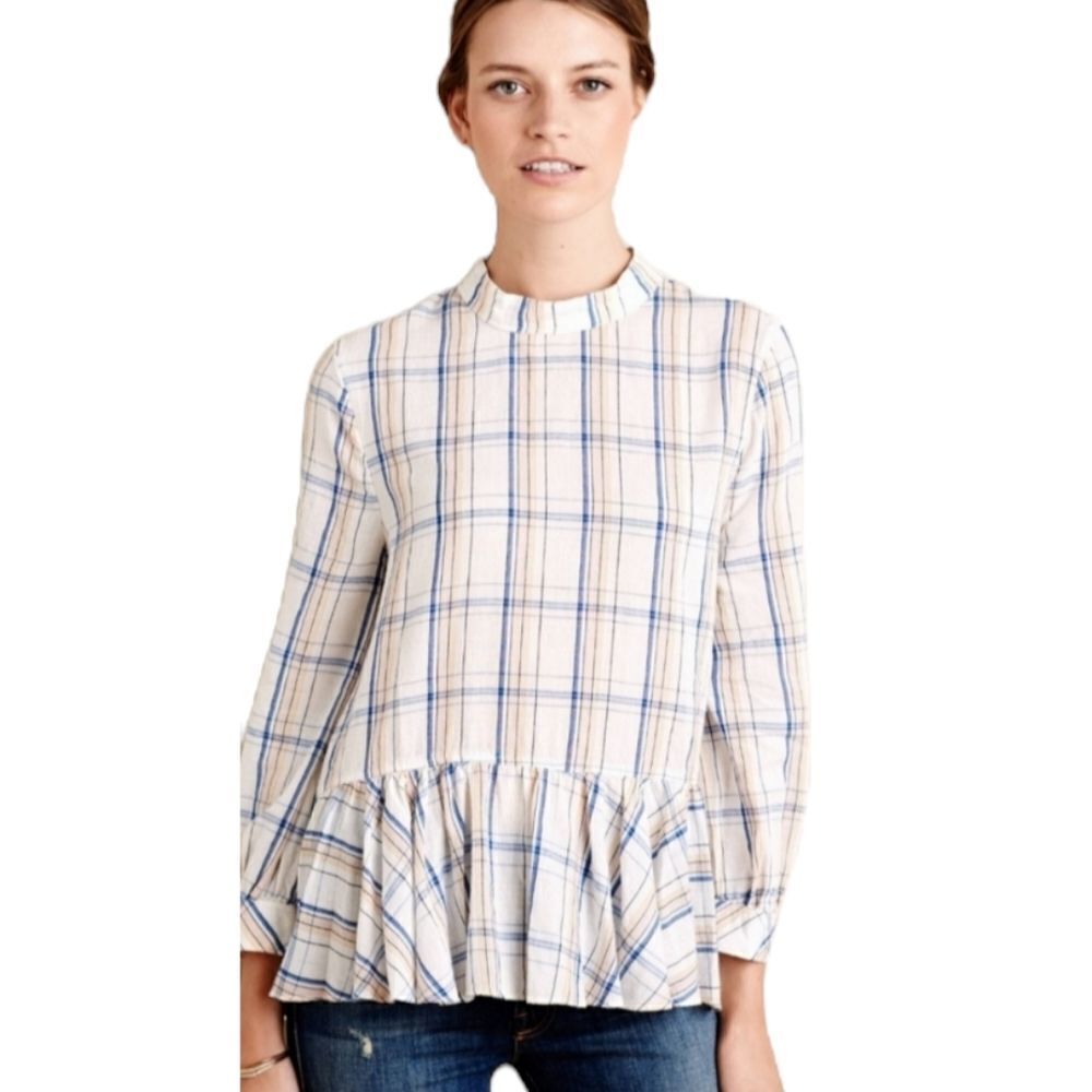 ANTHROPOLOGIE‎ Maeve shirt Sava plaid ruffle swing top 0